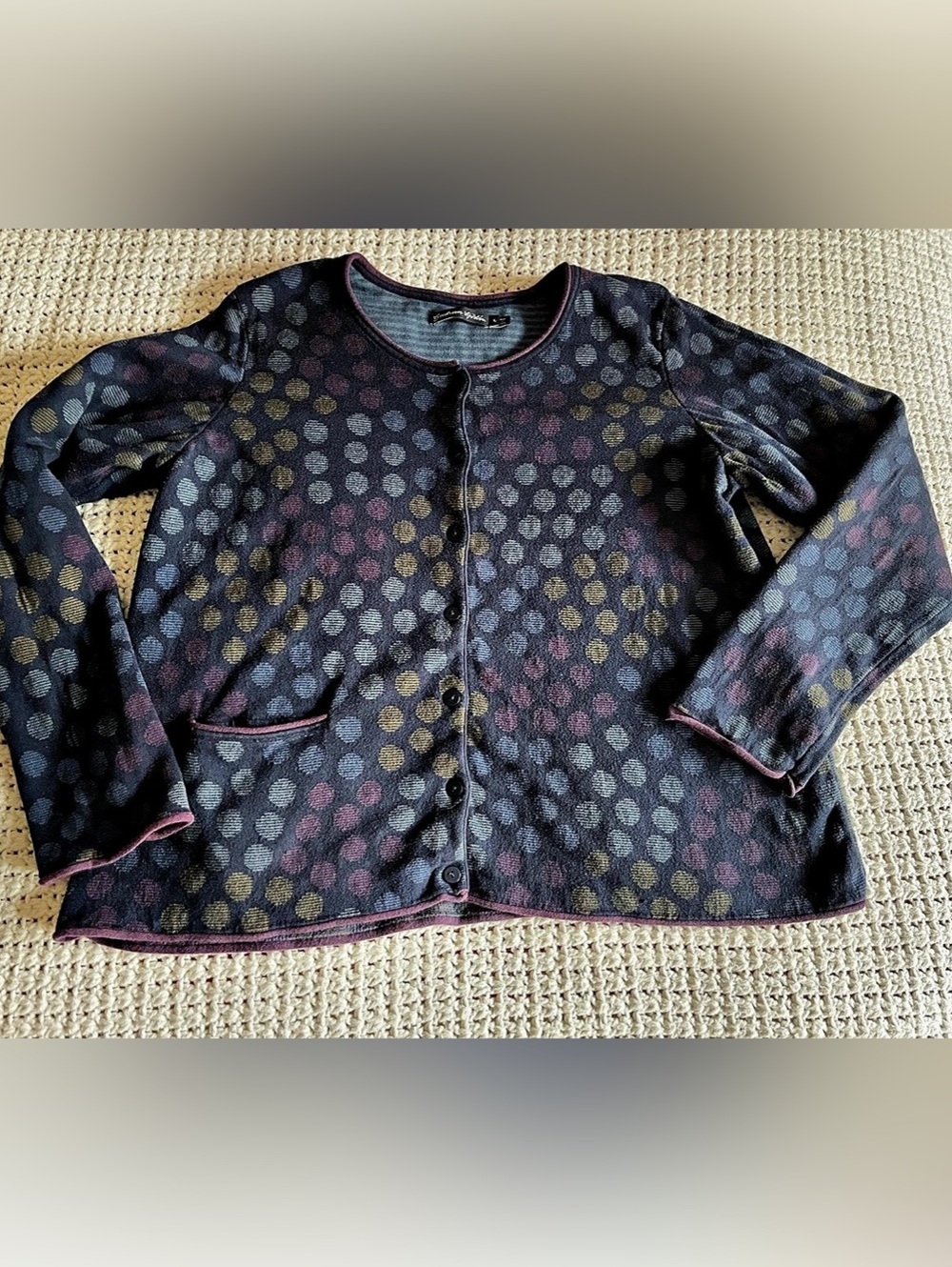 💯% Organic Cotton: Gudrun Sjöden Cardigan Navy w Polka Dots, Size Large